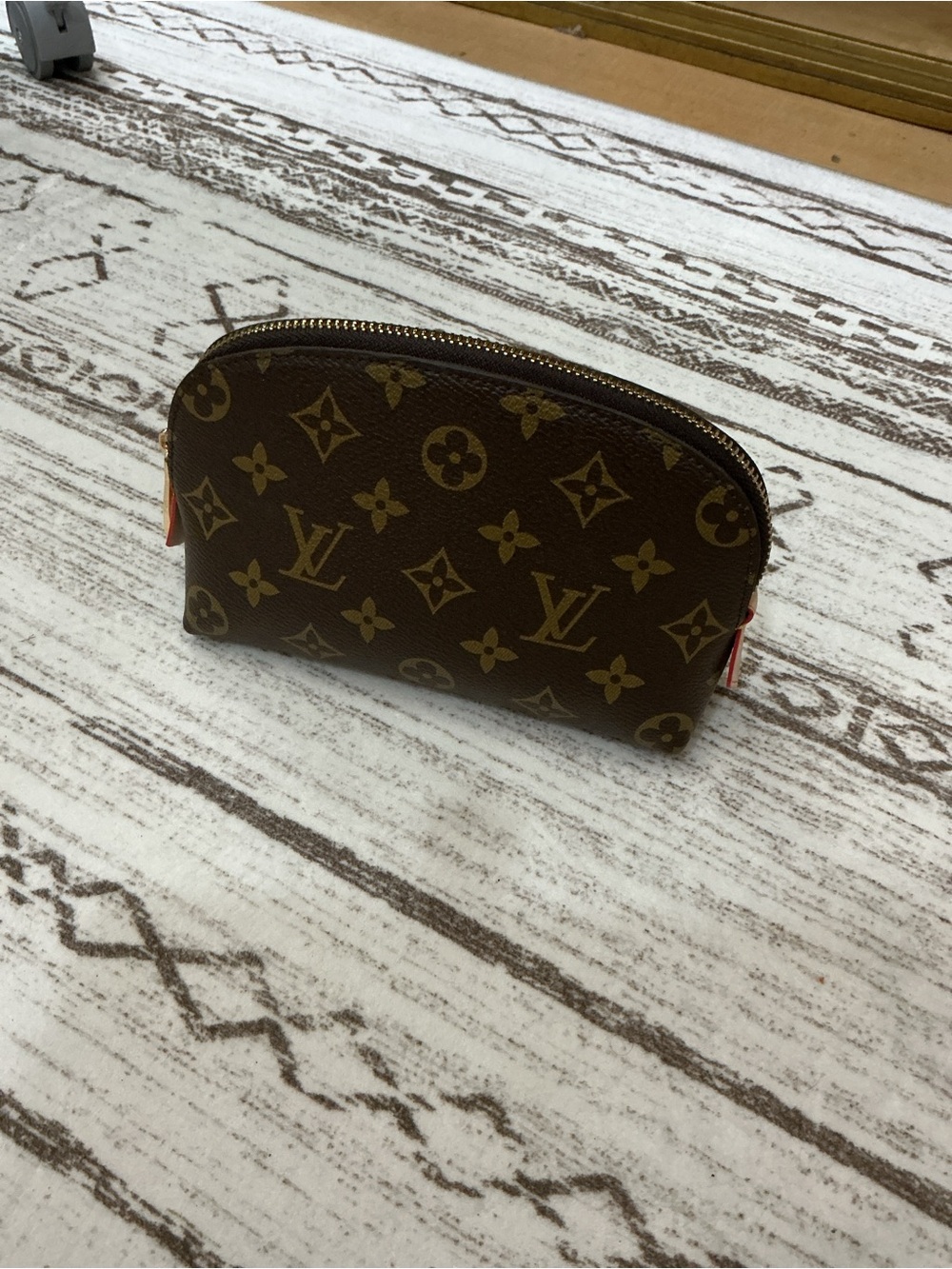 Dark Brown Leather Zip Cosmetic Pouch with Gold Hardware